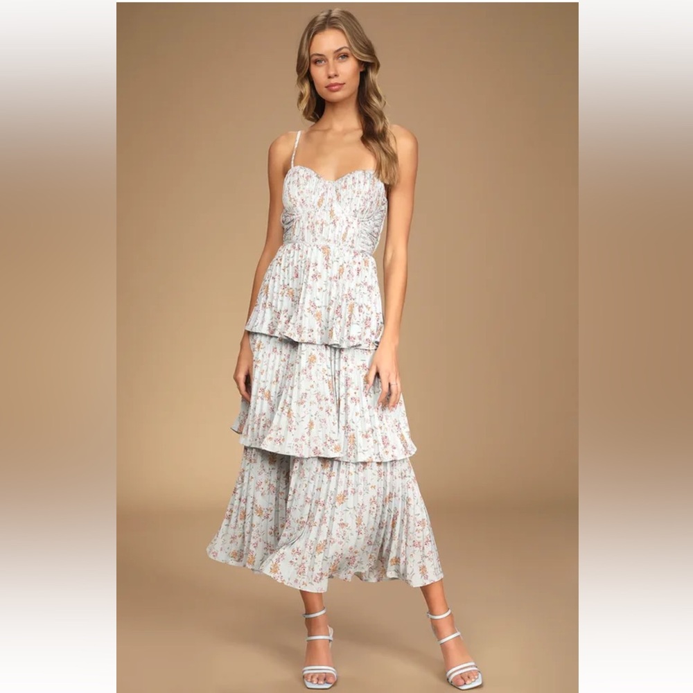 Lulus Cascading Crush Pale Blue Floral Print Tiered Bustier Midi Dress